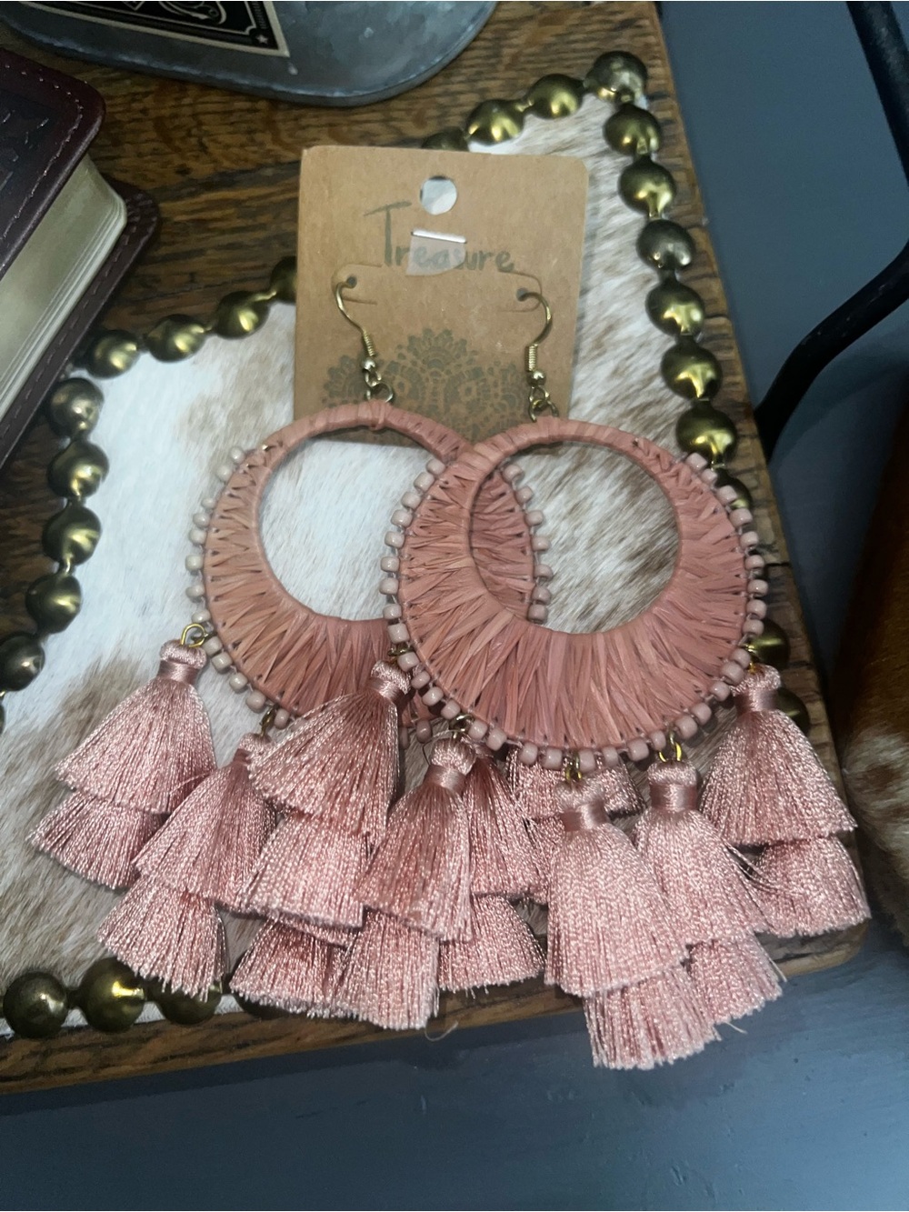 Boho Tassel Hoop Earrings in Blush Pink